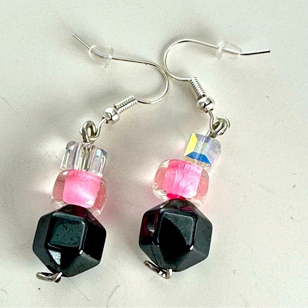 AB Glass crystal Bead Earrings hematite and pink Glass Handmade Earrings 3476 P